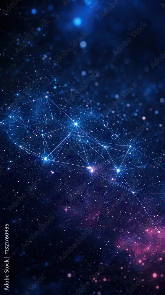 Cosmic Network Nodes connect across nebula. Background Galactic dust and stars. Use Tech, science Cosmic Network Nodes connect across nebula. Background Galactic dust and stars. Use Tech, science