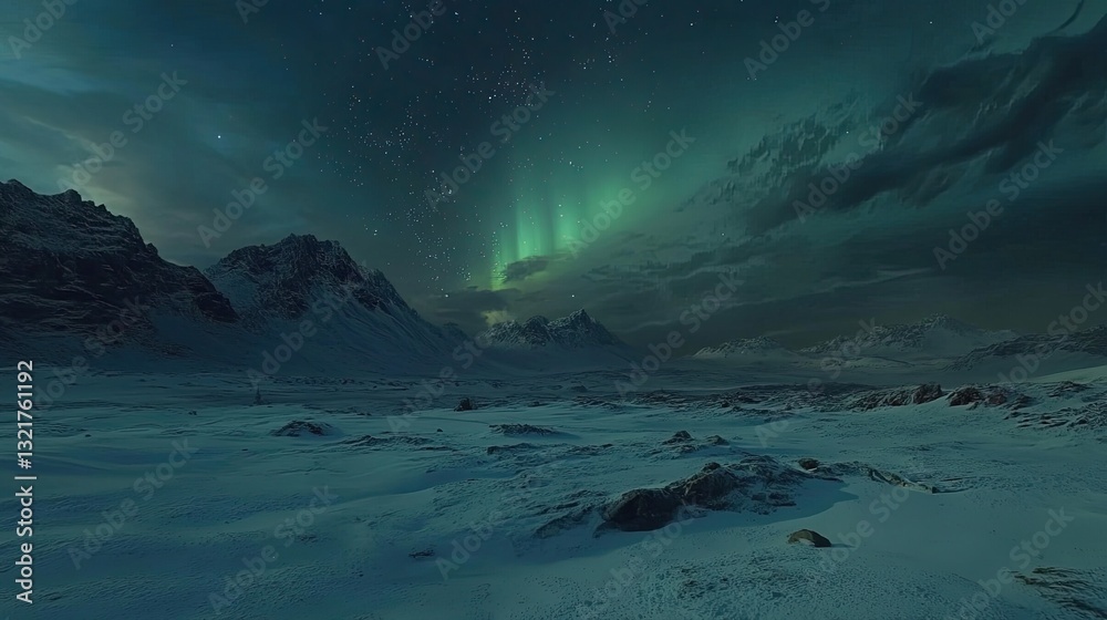 Naklejka premium Enchanting Northern Lights Over Snowy Mountain Landscape at Night