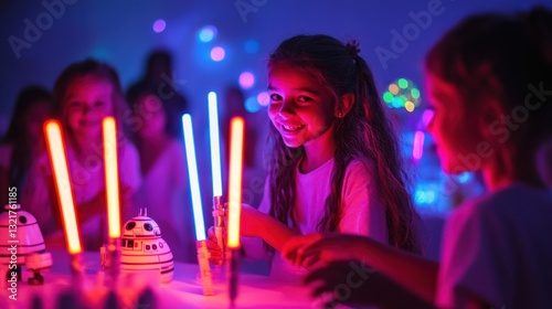 Smiling Girls Playing with Glowing Lights at a Colorful Party