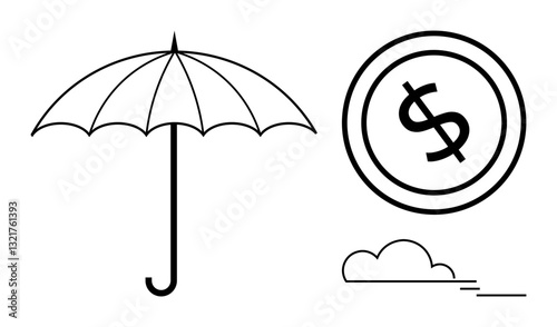 Open umbrella next to dollar coin and cloud, suggesting financial security, insurance, risk management, and savings. Ideal for finance, banking, weather, protection assistance security flat simple