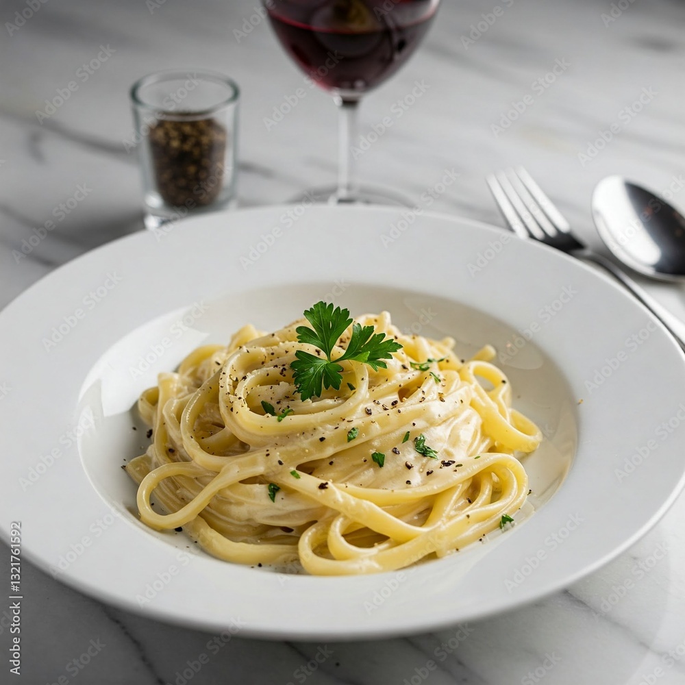 A plate of creamy fettuccine Alfredo garnished with fresh parsley and black pepper, served on a marble table with wine and spices.
A plate of creamy fettuccine Alfredo garnished with fresh parsley and black pepper, served on a marble table with wine and spices.