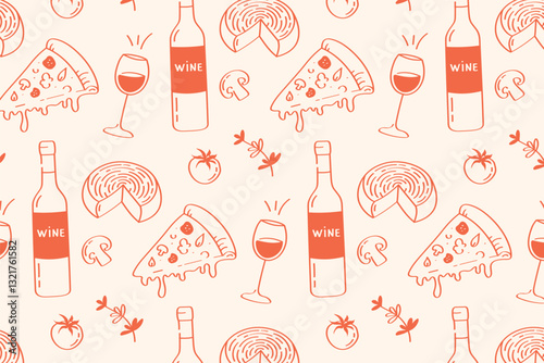 Pizza and wine pattern hand drawn food and drink icons in warm colors