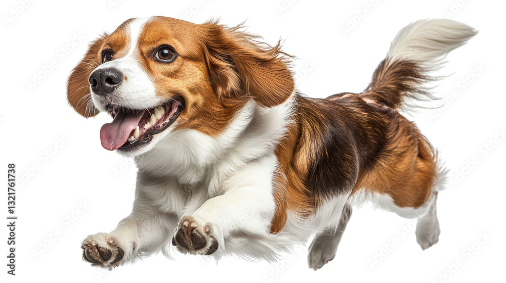 Energetic Beagle in Mid-Air: A happy beagle bounds forward in mid-air, full of energy, with its tongue playfully hanging out, and tail wagging. Capturing the dog's playful personality and joy. Energetic Beagle in Mid-Air: A happy beagle bounds forward in mid-air, full of energy, with its tongue playfully hanging out, and tail wagging. Capturing the dog's playful personality and joy.