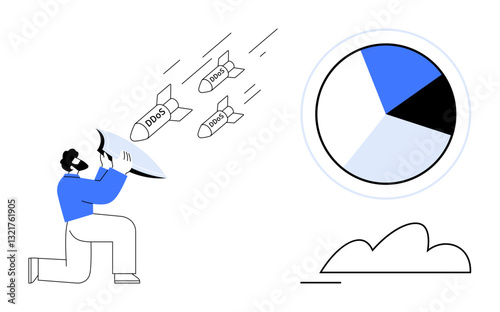 Man kneeling with shield blocking DDoS attacks represented by missiles, large pie chart in background. Ideal for cybersecurity, data protection, risk mitigation, online threats, hacking defense