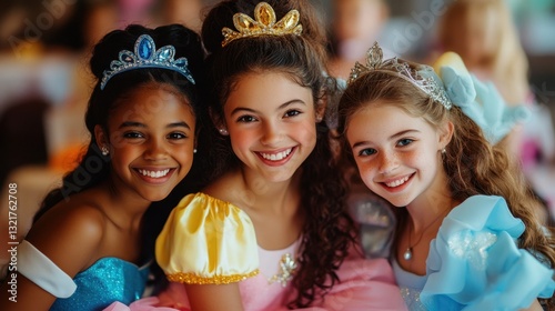 Three Smiling Girls in Princess Dresses at a Party