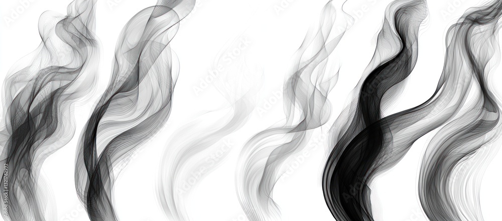 Fototapeta premium Abstract grayscale smoke swirls, flowing design elements isolated on white background.