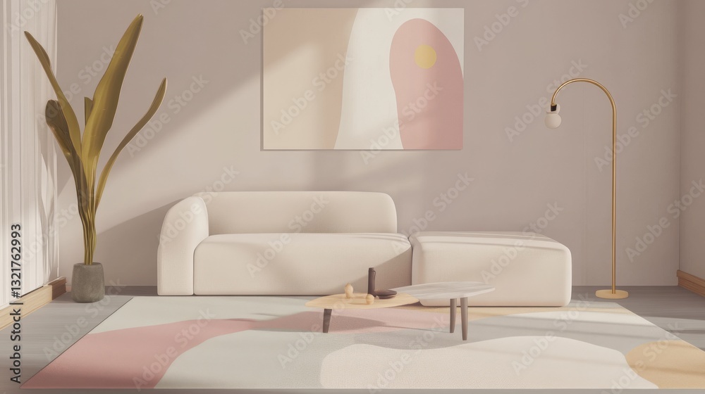 Fototapeta premium Modern Minimalist Living Room Design with Soft Pastel Colors and Abstract Art