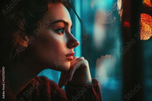 A woman looks thoughtfully outside a window, her hand resting on her chin