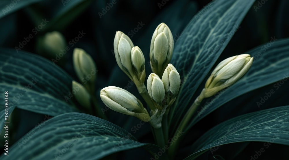 Fototapeta premium Close-up of unopened white flower buds surrounded by dark green leaves.