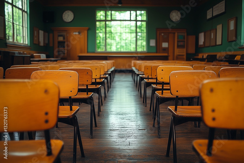 Calm and unoccupied empty classroom featuring wooden chairs and desks, highlighting its serene ambiance and welcoming environment, Back to school concept, no people