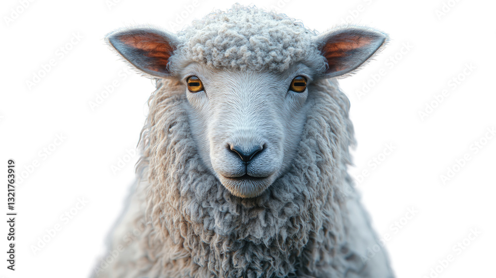 Fototapeta premium Woolly Sheep Portrait: A close-up portrait of a fluffy sheep with soft, textured wool, depicted in lifelike detail, showcasing the animal's gentle expression and inviting eyes.
