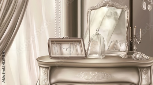 A Luxurious Antique Vanity with Exquisite Details.  A Timeless Dressing Table with Ornate Accessories.  A Vintage Interior Design.  A Classic Vanity Setup.  A Dreamy Vanity Room. 