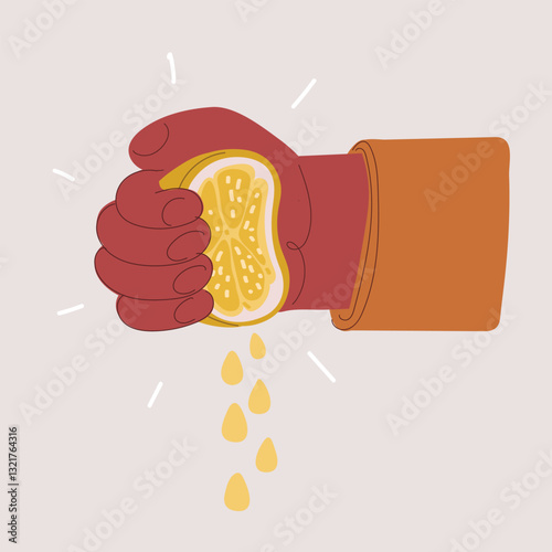 Cartoon vector illustration of a hand squeezing a lemon, with juice flowing out