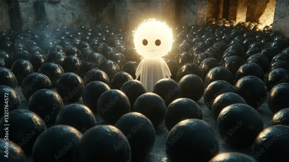 Fototapeta premium A bright orange ball shone amidst dark orbs, representing uniqueness and individuality in a uniform expanse