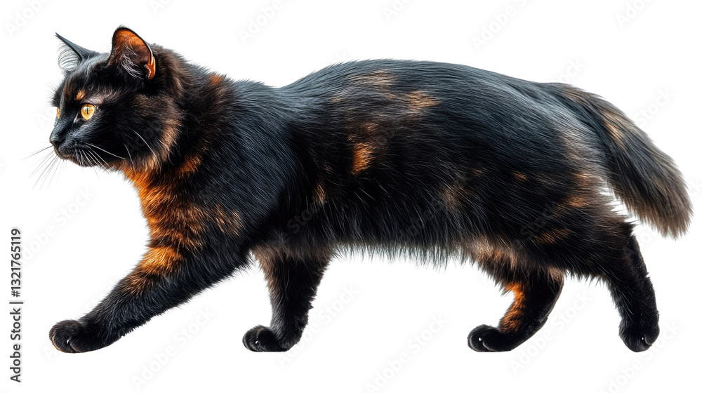 Elegant Tortoiseshell Cat in Motion: A stunning tortoiseshell cat gracefully walks, exhibiting poise. The cat's luxurious fur and bright eyes are in detail. Elegant Tortoiseshell Cat in Motion: A stunning tortoiseshell cat gracefully walks, exhibiting poise. The cat's luxurious fur and bright eyes are in detail.