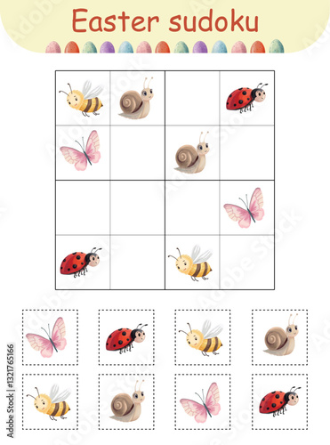 Easter sudoku educational game Activity for kids and toddlers with spring insects