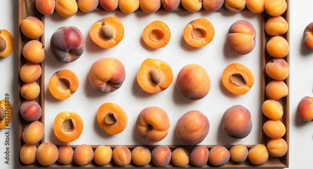 Apricot fruits on white background. Top view flat lay