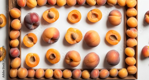 Obraz na płótnie Apricot fruits on white background. Top view flat lay w salonie