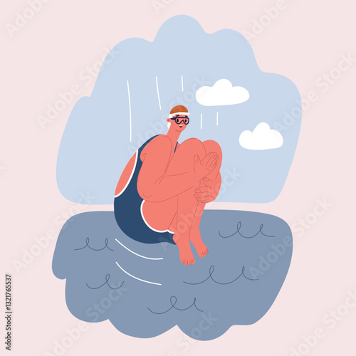 Cartoon vector illustration of a woman diving into a pool in a swim cap and swimsuit, enjoying the water