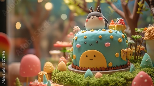 Adorable Whimsical Blue Cake Decorated with Cute Animal Figurines