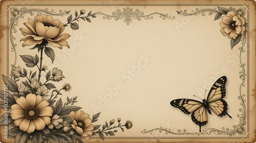Vintage ephemera background with victorian style flowers, butterfly and engraving. Old paper texture.
