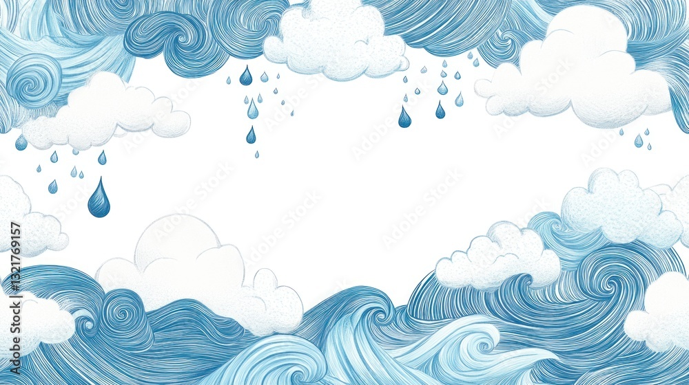 Cartoon clouds and waves border, rainy day Cartoon clouds and waves border, rainy day