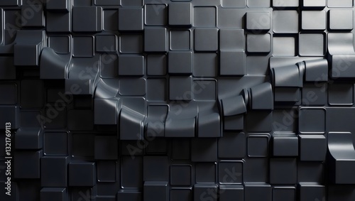 Curved Wave of 3D Black Cubes with Modern Geometry. Sleek Dark Cubic Surface Showcasing Sculpted Flow.