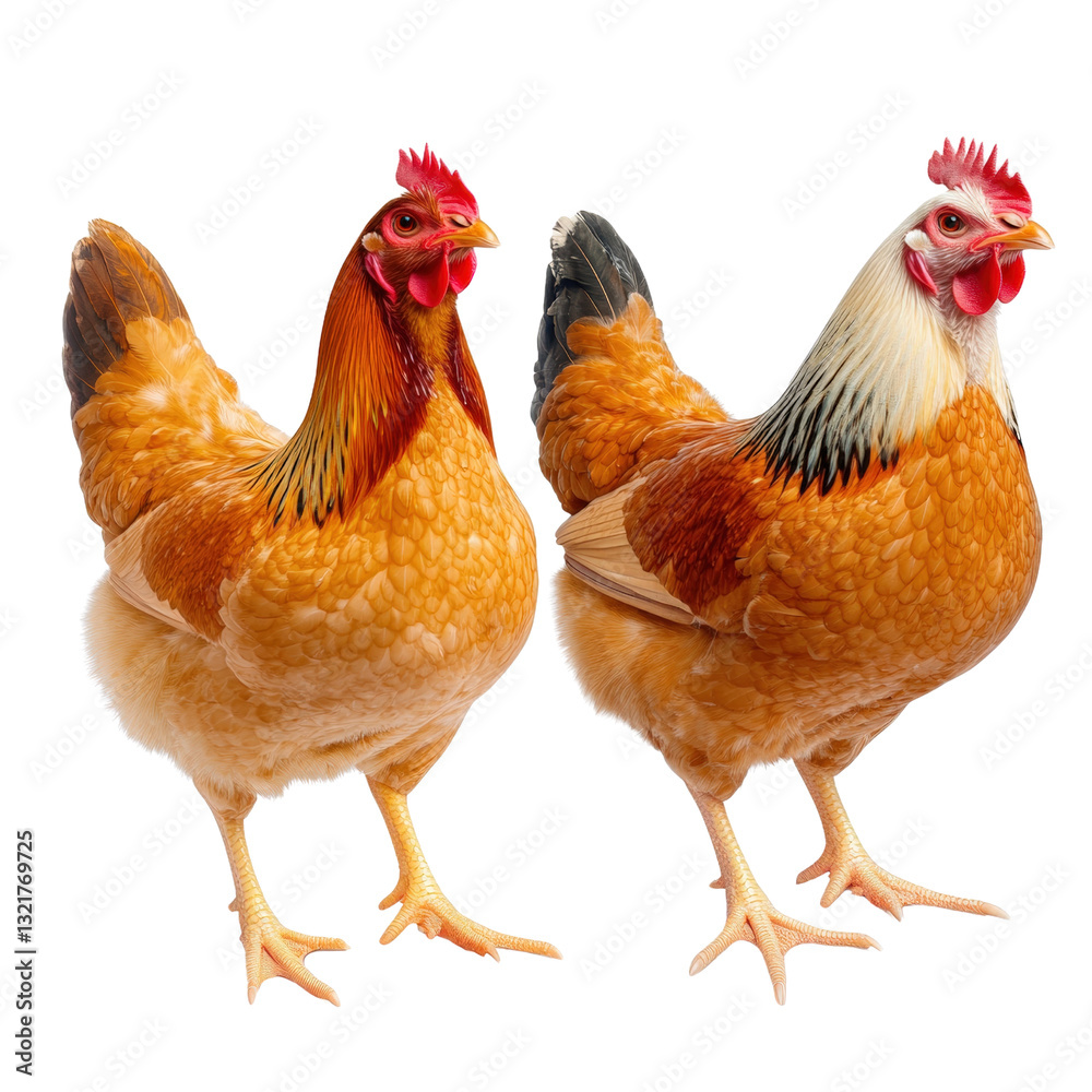 Fototapeta premium Two chickens standing together in a sunny farmyard surrounded by fresh green grass and bright blue sky above isolated on transparent background..