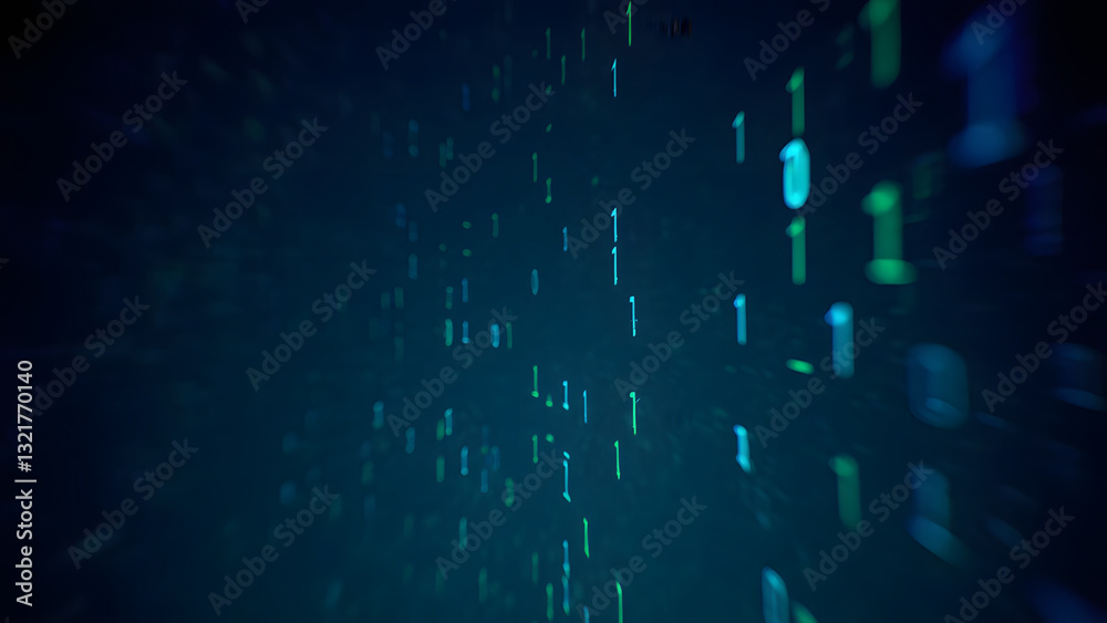 Obraz premium Dark Digital Background with Floating Blue and Green Binary Code