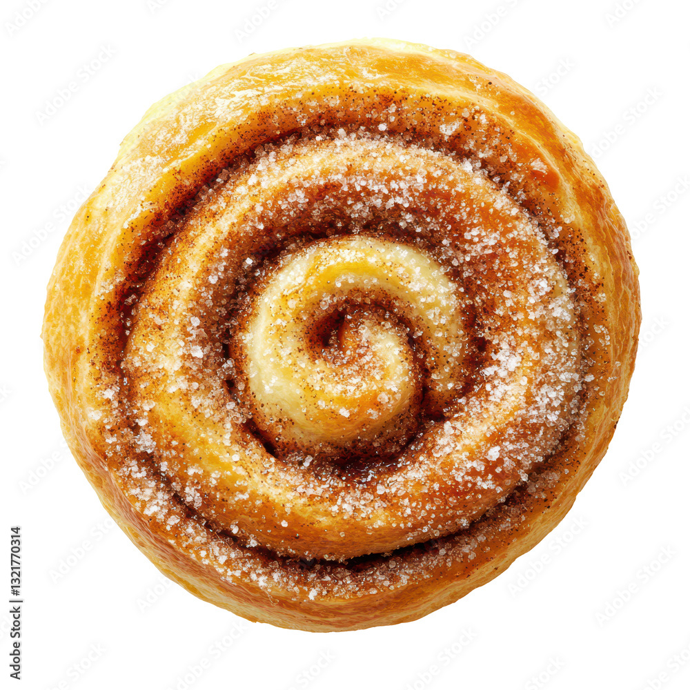 Swirled Delight: An overhead shot showcases a freshly baked, golden-brown cinnamon roll, its spiral design adorned with a generous sprinkle of sugar, inviting warmth and delicious temptation. Swirled Delight: An overhead shot showcases a freshly baked, golden-brown cinnamon roll, its spiral design adorned with a generous sprinkle of sugar, inviting warmth and delicious temptation.