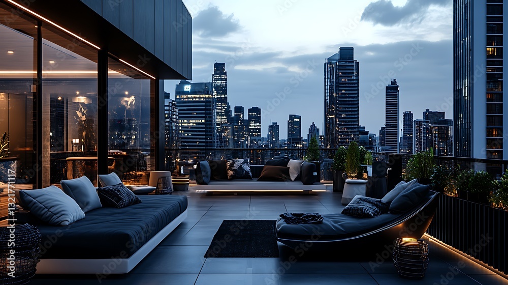 Obraz premium Relaxing on City Rooftop Terrace at Dusk with Urban Skyline