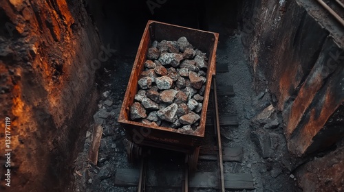 A wooden mining cart filled with rocks in a dimly lit underground tunnel. photo