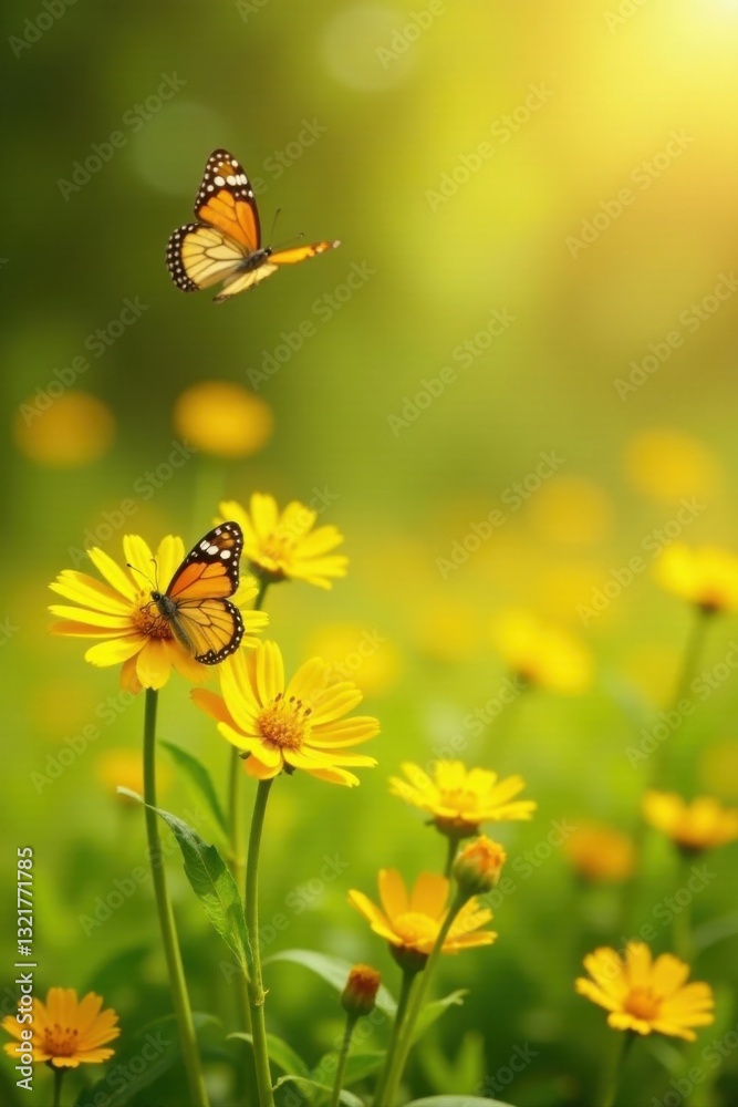 Serene Meadow Two Orange Butterflies Dancing Amongst Vibrant Yellow Wildflowers on a Sunny Day Serene Meadow Two Orange Butterflies Dancing Amongst Vibrant Yellow Wildflowers on a Sunny Day