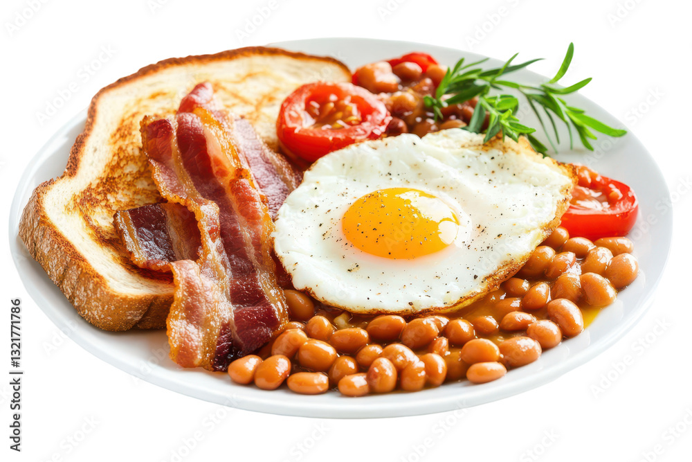 Breakfast Feast: A plate piled high with a hearty breakfast, featuring crispy bacon, a perfectly cooked sunny-side-up egg, baked beans, toasted bread, and fresh tomatoes, garnished with rosemary. Breakfast Feast: A plate piled high with a hearty breakfast, featuring crispy bacon, a perfectly cooked sunny-side-up egg, baked beans, toasted bread, and fresh tomatoes, garnished with rosemary.