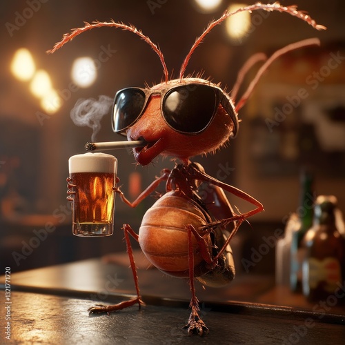 Cool ant in bar drinking beer and smoking.
