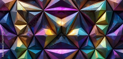Vibrant Iridescent Triangles 3D Mosaic Banner Kaleidoscopic Faceted Geometry with Multicolor Prism Effect.