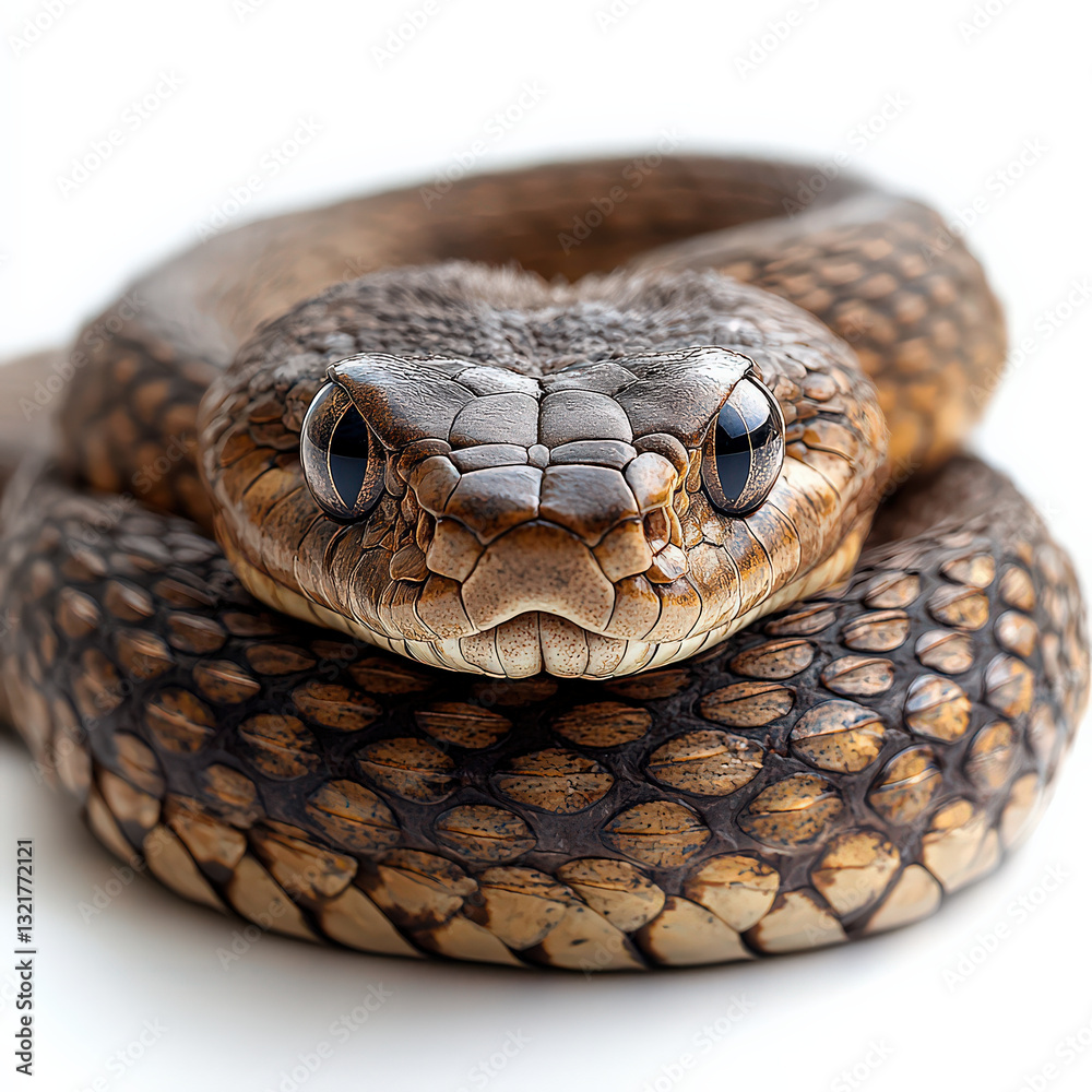Fototapeta premium coiled snake with intricate scales and focused gaze is isolated on white background, showcasing its detailed texture and natural pattern