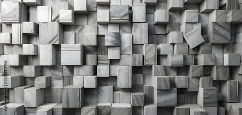 Stacked Marble Cubes Texture Banner Modern 3D Geometry in Minimalist Stone Mosaic with Subtle Gray Tones,