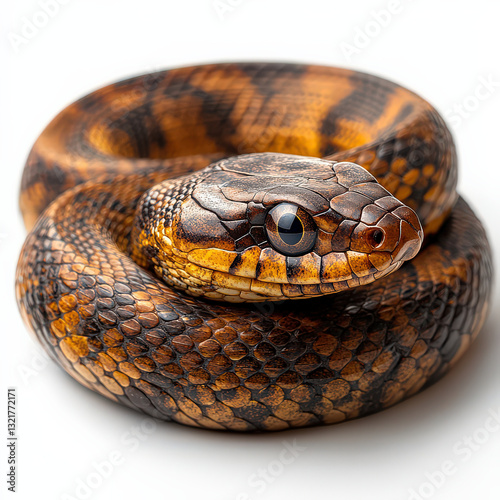 coiled snake with intricate brown and black scales is isolated on white background, showcasing its detailed texture and pattern