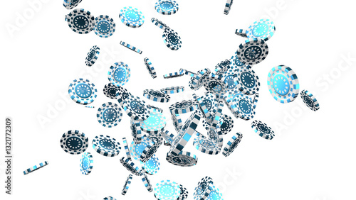 Flying blue casino chips, casino chips in zero gravity on transparent png background.