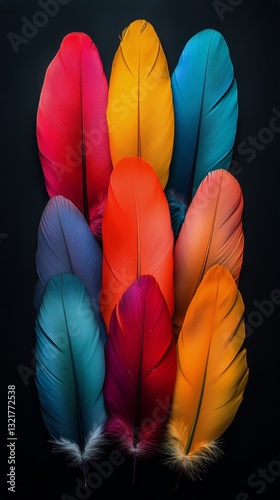 Vibrant Feathers in Various Colors Arranged Artistically on a Dark Background