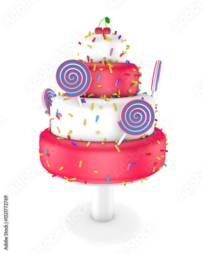 Beautifully decorated cake with lollipops isolated on transparent background png, ideas for birthday or holiday themes. Suitable for projects dedicated to birthdays, holidays.