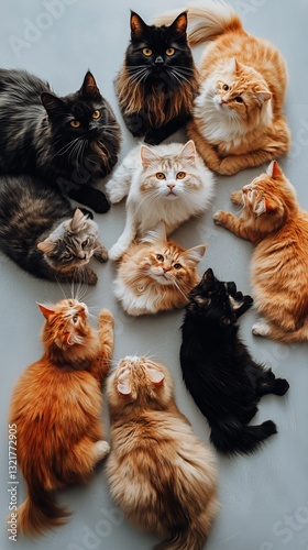 Multiple Cats of Various Breeds Relaxing on the Floor in a Cozy Indoor Setting
