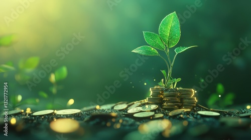 Green plant growing from coins on fertile soil, signifying financial growth and investment. Ideal for finance, investment, and sustainable development themes.