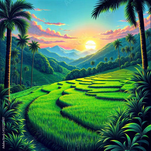 Vibrant Sunset Rice Paddies Representing Cultural Richness
