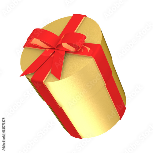 Golden round gift box with red bow isolated on transparent background png.