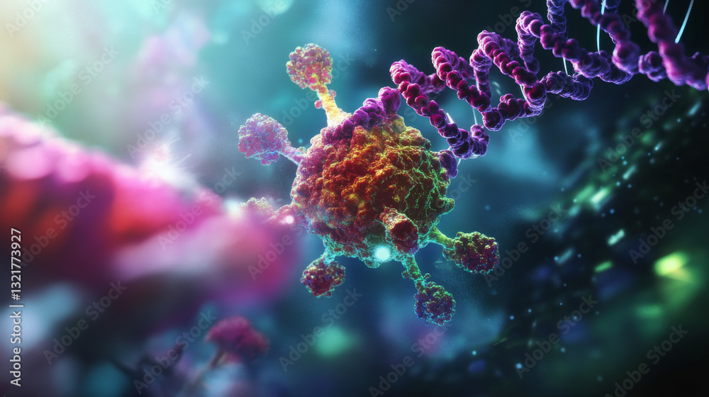A 3D-rendered virus model reveals an RNA molecule inside, representing viral genetics and advancements in microbiology A 3D-rendered virus model reveals an RNA molecule inside, representing viral genetics and advancements in microbiology