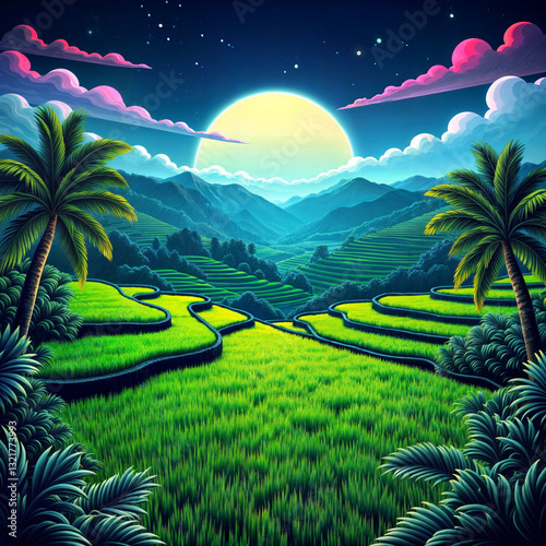 Moonlit Rice Paddies Tranquil Night Representing Rural Beauty