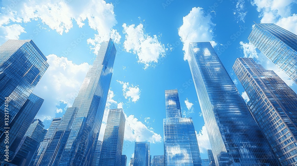 Skyscrapers reaching the blue sky, creating a sense of urban advancement and modern life Skyscrapers reaching the blue sky, creating a sense of urban advancement and modern life