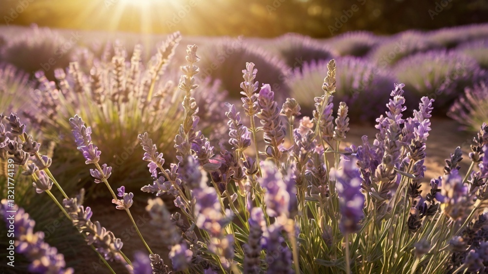 Obraz premium Close-up of lavender field with purple flowers and green leaves.